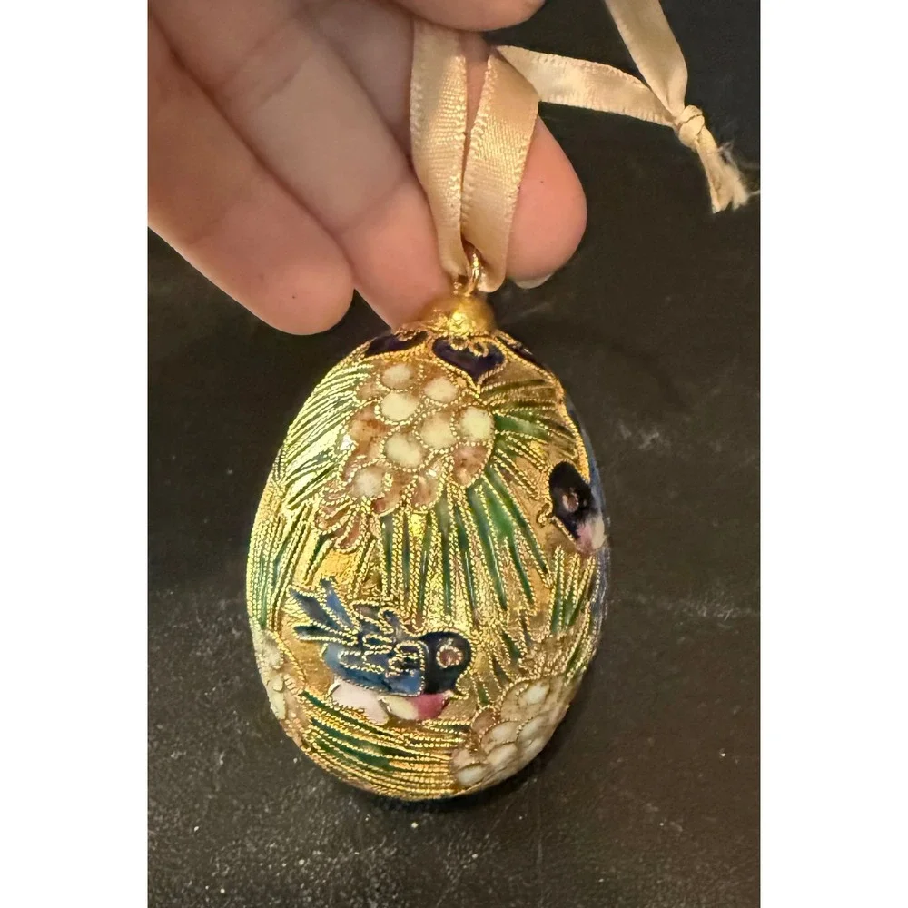 Holiday Christmas Ornament Gold Cloisonne Enamel Bird Floral Egg Decorative